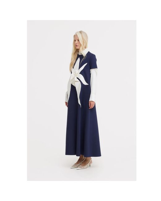 Julia Allert Blue Ankle-Length Knit Dress With Flower Detail