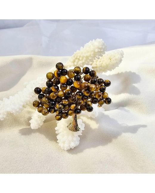 Farra Metallic Handcrafted Tree Shape Tiger-Eye Stone Brooch