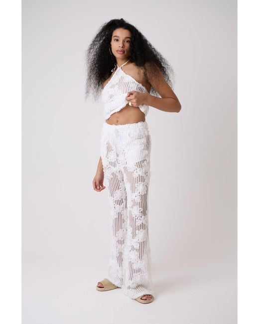 Amy Lynn White Cici Crochet Floral Lace Wide Leg Trouser
