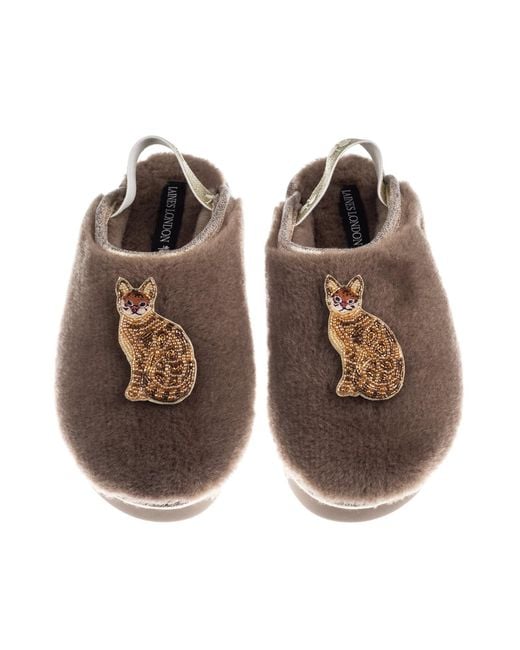 Laines London Brown Neutrals Flatform Cloud Slippers With Double Bengal Cat Brooches
