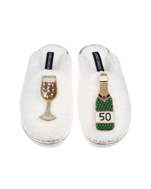 Laines London White Neutrals Teddy Closed Toe Slippers With 50Th Champers Bottle & Glass Brooches