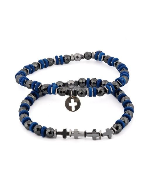 Ebru Jewelry Blue Good Vibes Spiritual Beaded Sterling Cross Bracelet Set for men