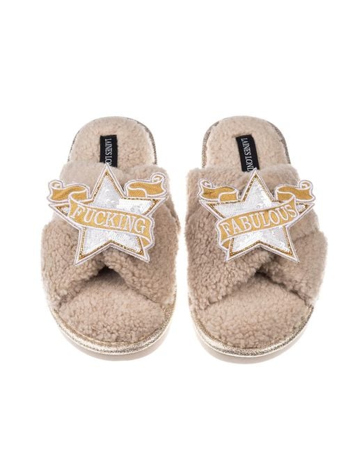 Laines London Natural Neutrals Laines Neutral Boucle Slippers With Fucking Fabulous Star Brooches