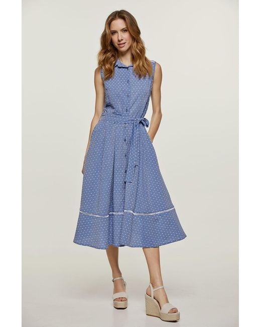 Conquista Blue Polka Dot Button Detail Dress