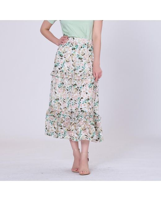 Smart and Joy White Flower Print Tiered Ruffles Midi Skirt