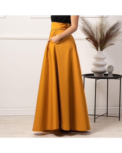 Nikka Place Orange Maxi A-Line Cotton Skirt With High Waist And Pockets