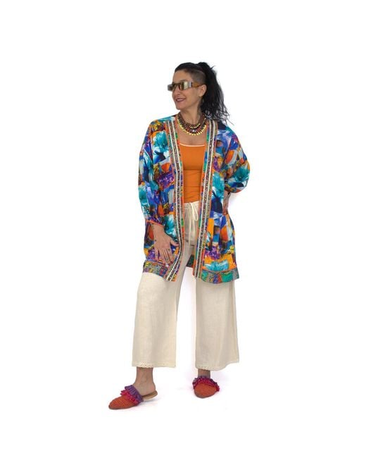 Lalipop Design Blue Colorful Flower Print Midi Kimono With Embroidery Borders