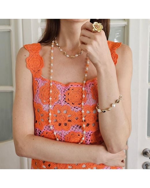 Farra Metallic Freshwater Pearls With Jade Long Necklace