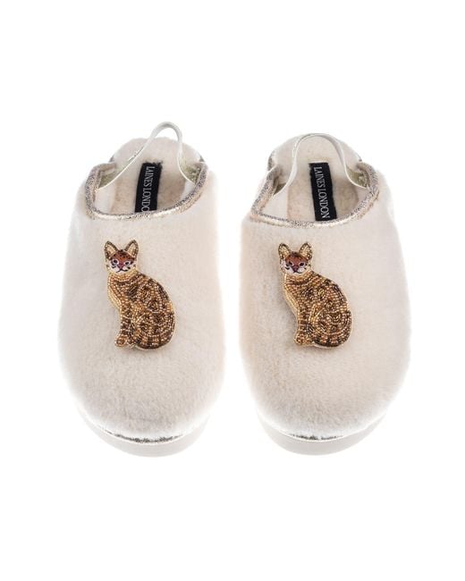 Laines London Multicolor Neutrals Flatform Cloud Slippers With Double Bengal Cat Brooches
