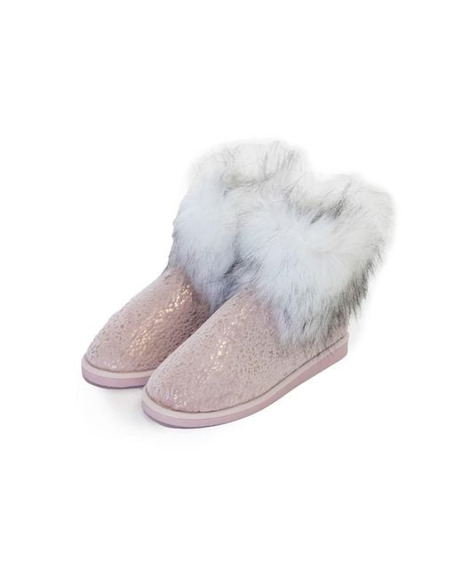 Pretty You London Gray Foil Detail Fur Lined Bootie Slipper Giselle In Pink