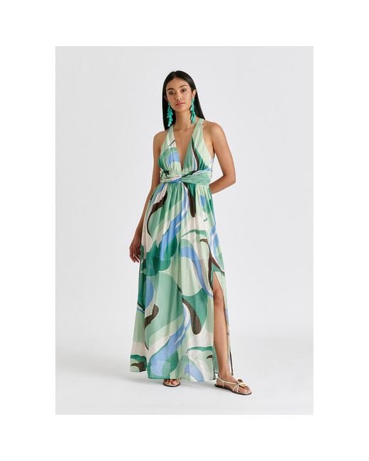 Paisie Green Retro Wave Halter Neck Maxi Dress