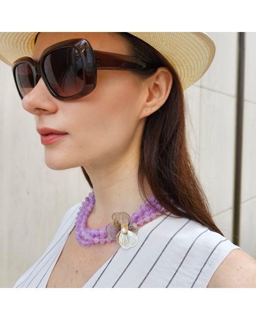 Farra Purple Multi-Layers Jade With Flower Charm Necklace