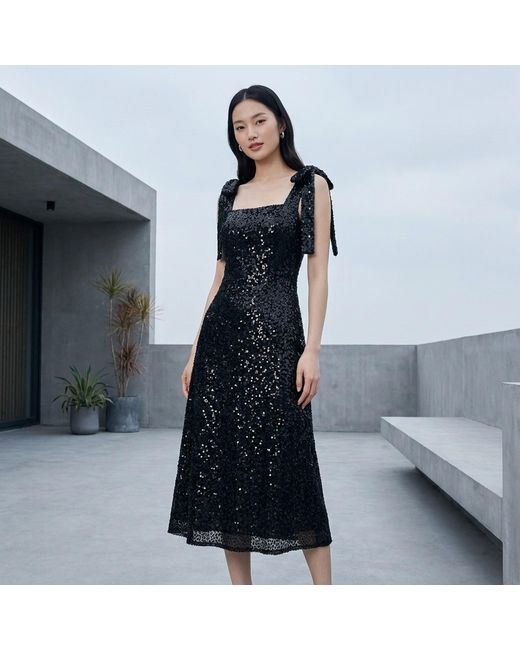Modenaire Black Embellished Midi Dress Sculpted Neckline