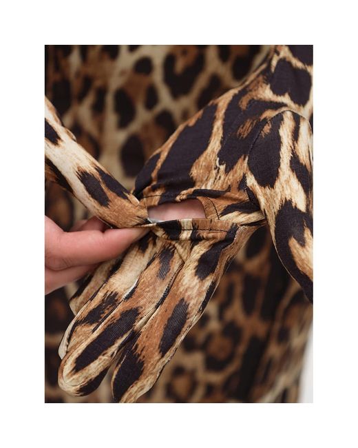 Monosuit Brown Viscose Animal Long Sleeve Turtleneck Bodycon Shoulder Pad Party Futuristic Mini Dress With Gloves