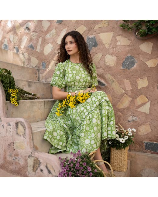 Echo of Pink Green Matilda Hand Block Print Cotton Dress
