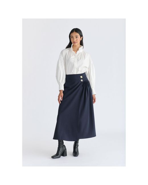 Paisie Blue Wrap Midi Skirt With Pleated Detail