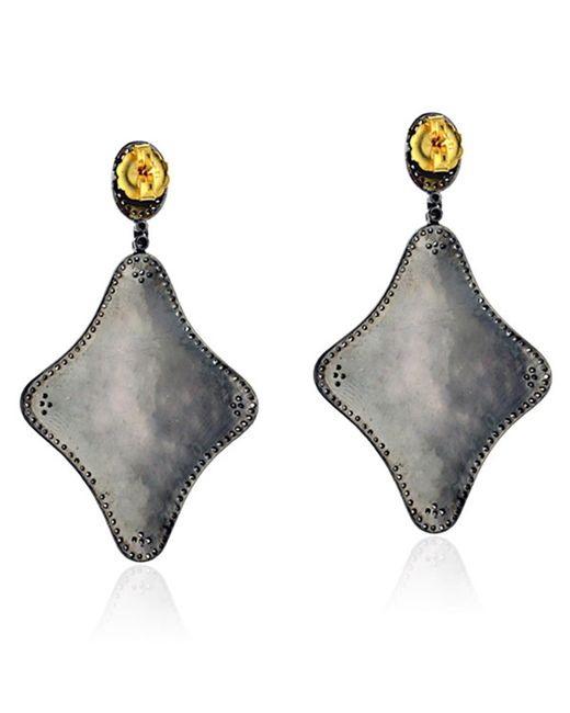 Artisan Brown Ruby & Diamond Pave In 18k Yellow Gold And Silver Enamel Antique Dangle Earrings