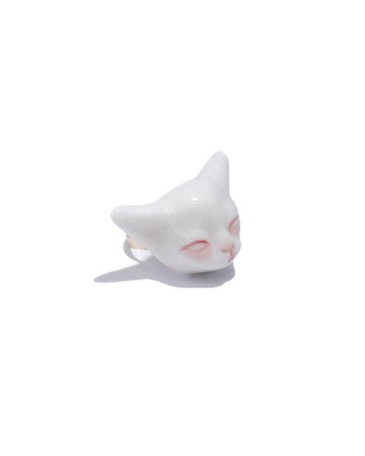 H2 Studio White Angry Puss Porcelain Cat 14K Plated Brass Ring