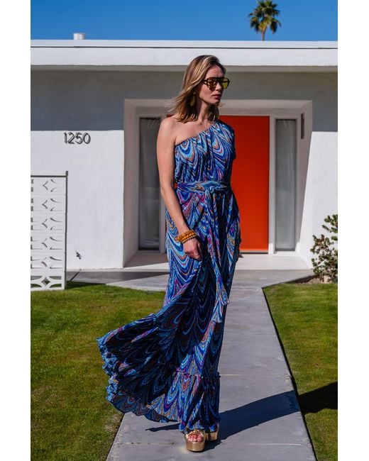 Jennafer Grace Blue Hallucinogen Plume One Shoulder Maxi Dress