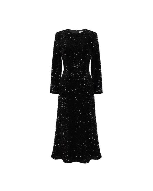 POST MERIDIEM Black Sequin Decorated Velvet Long Sleeve Midi Dress