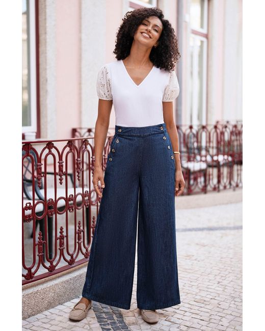 Yumi' Blue Chambray Wide Leg Trousers With Button Details