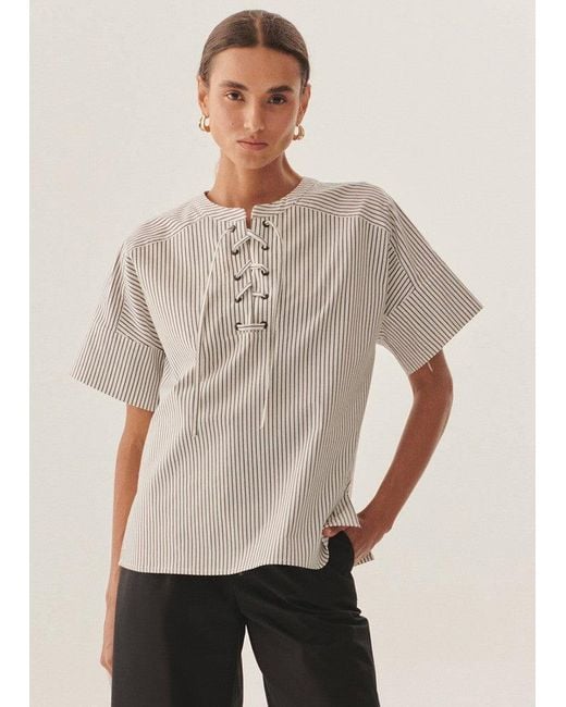 Exquise Gray Relaxed Striped Eyelet Lace-Up Blouse