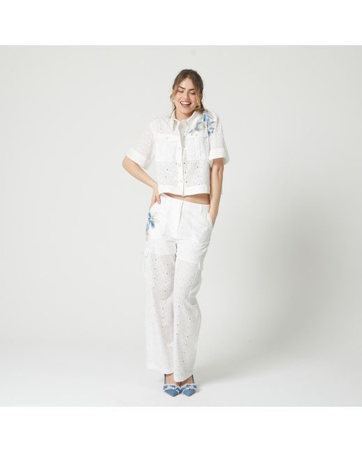 Lalipop Design White Broderie Anglaise Pants With Cargo Pockets