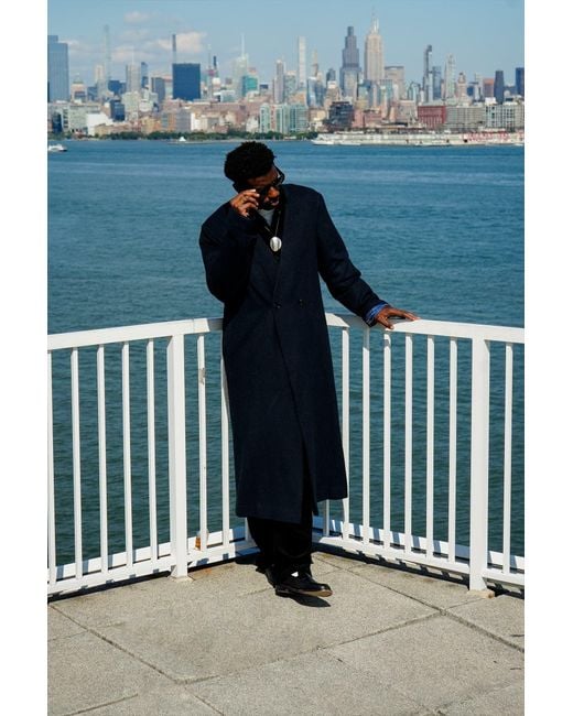 Éclectique Blue Collarless Long Coat for men
