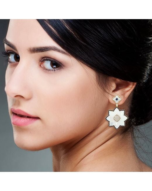 Artisan Metallic Flower Sapphire Natural Mother Of Pearl Dangle Earrings 18k Yellow Gold