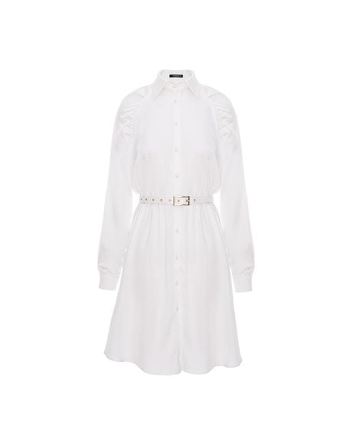 AVENUE No.29 White Gathered Raglan Sleeve Viscose Midi Shirt Dress With Belt