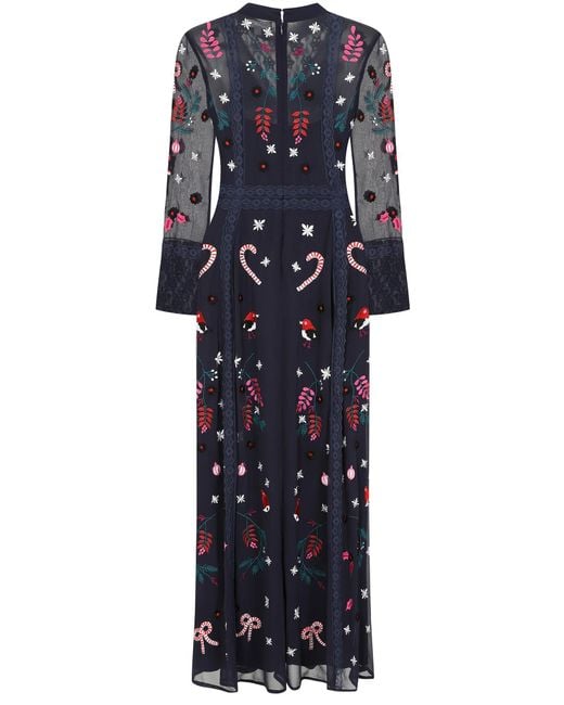 Frock and Frill Blue Avery Christmas Embroidered Maxi Dress With Lace Panels