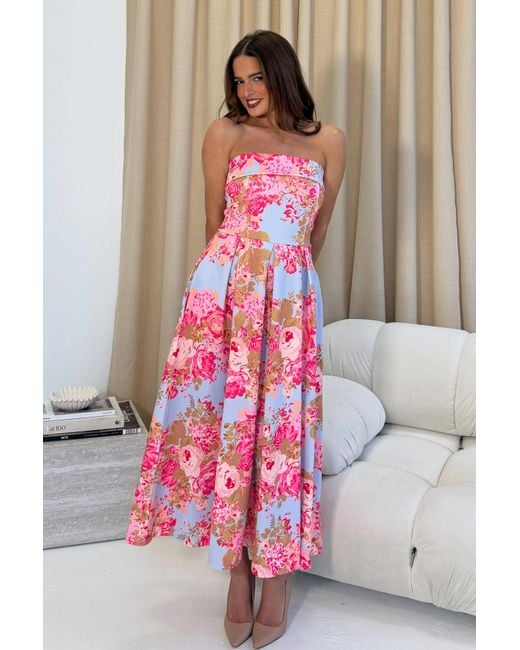 Girl In Mind Pink Danni Strapless Bandeau Midi Dress Floral