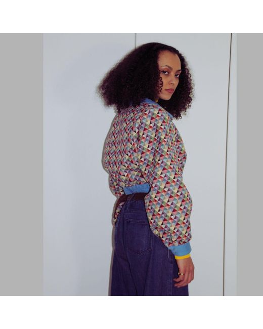 Couture to Your Door Blue Geometric Tapestry Cropped Bomber Jacket