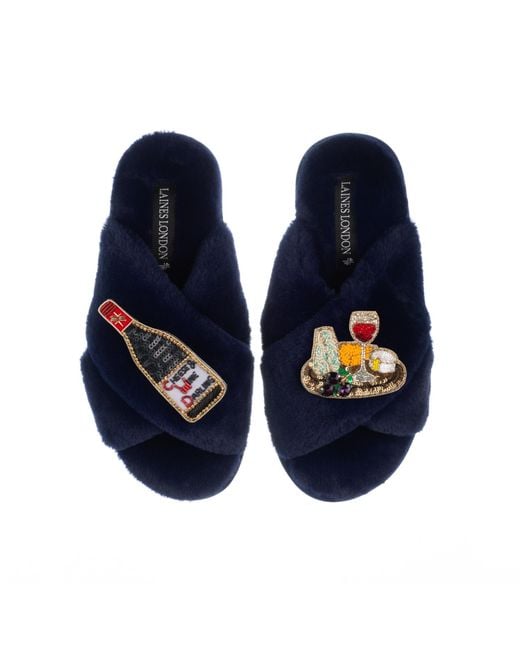 Laines London Blue Classic Laines Slippers With Cheese & Wine Brooches
