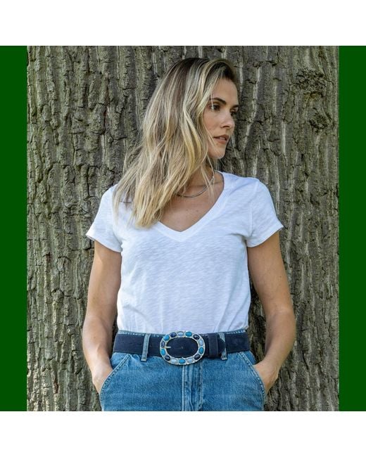 Peachy Belts Ltd Blue Suede Belt With Our Oval Gemstone Buckle