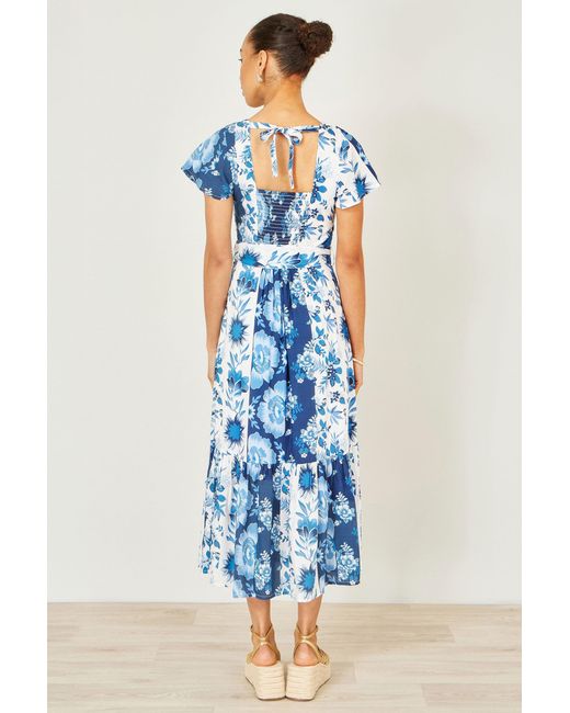 Yumi' Blue Floral Viscose Midi Shirt Dress With Matching Belt