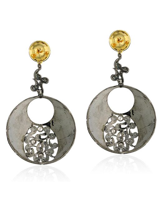 Artisan Metallic Bezel Set Natural Diamond In 18k Yellow Gold & Silver Enamel Antique Dangle Earrings