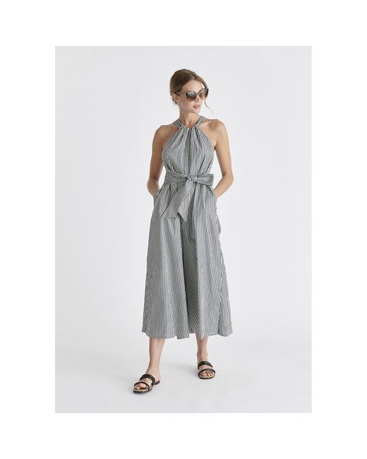 Paisie Gray Striped Halterneck Cotton Jumpsuit