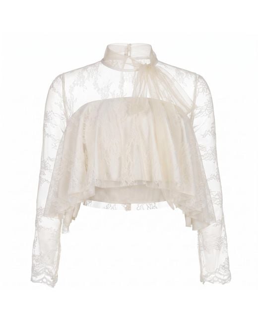 Modenaire White Lace Overlay Crop Top With Sheer Long Sleeves And Bow Tie Detail