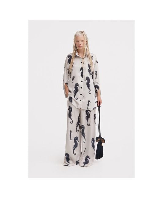 Julia Allert White Seahorse Print Oversized Shirt – Ivory