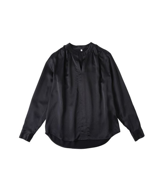 Soft Strokes Silk Black Pure Silk Long Sleeve Y-Neck Blouse