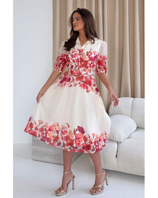 Girl In Mind Red Holland Cream And Floral Collar Midi Dress