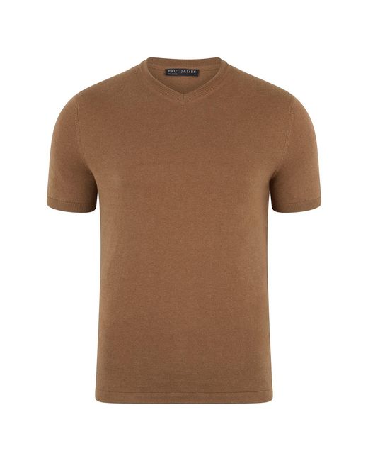 Paul James Knitwear Brown Ultra Fine Cotton Hudson High V Neck Knitted T-Shirt for men