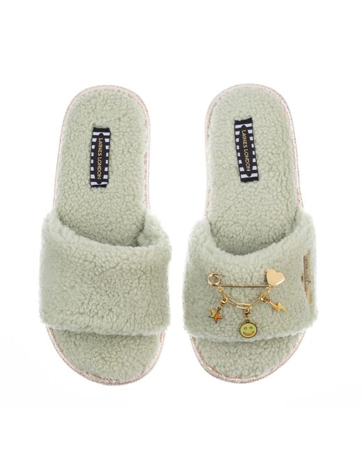 Laines London Teddy Towelling Slipper / Sliders With Safety Pin Heart