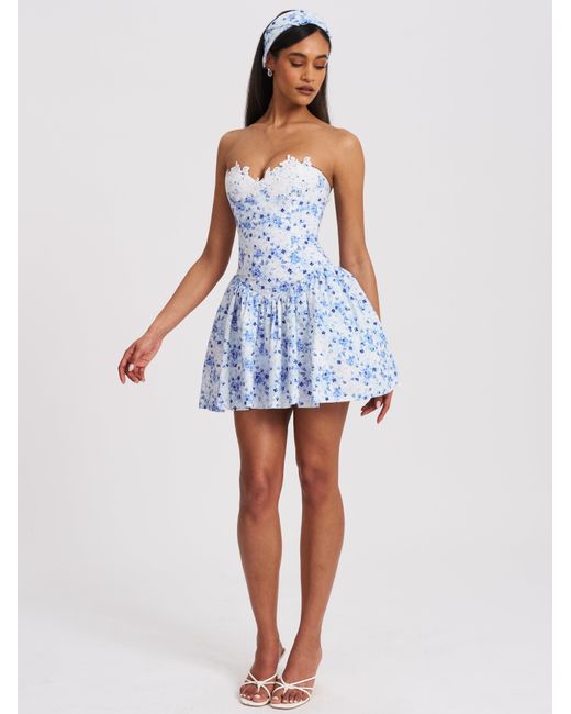 Miss Circle New York Blue Taleah Floral Print Linen Mini Dress With Lace Trim