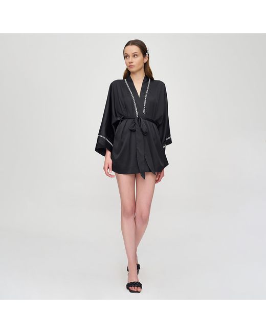 Avenue 8 Black Kimono Style Mini Silk Top With Binding Tape