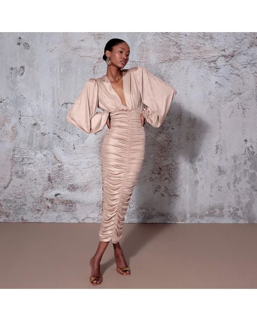 AGGI by HALEWSKI Natural Gloria Long Sleeve Draped Dress