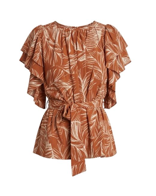 Imaatu Brown Butterfly Blouse Palms Rust Sustainable Viscose One Size Ruffle Sleeves Tropical Print
