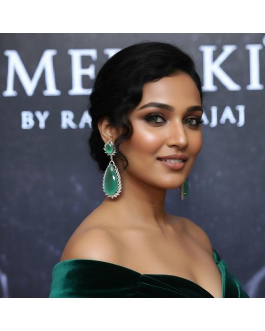 Meraki by Rashmi Bajaj Green Larmes Cubic Zirconia Dangle Earrings