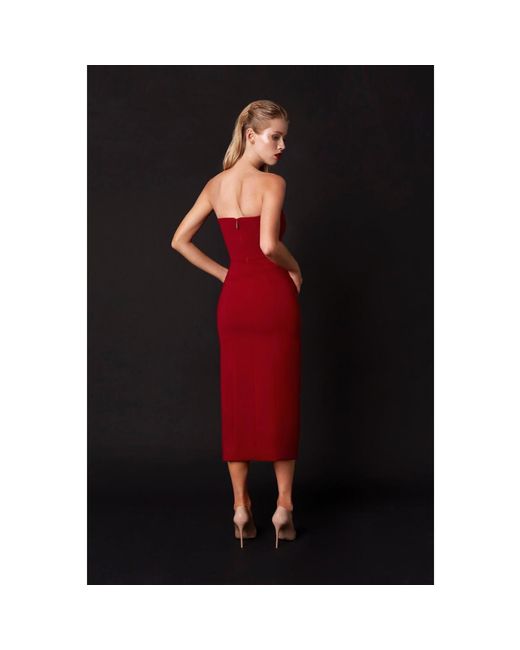 Nomi Fame Red Mora Wine Strapless Front Slit Corset Midi Dress